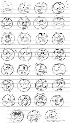 a bunch of different faces drawn on lined paper