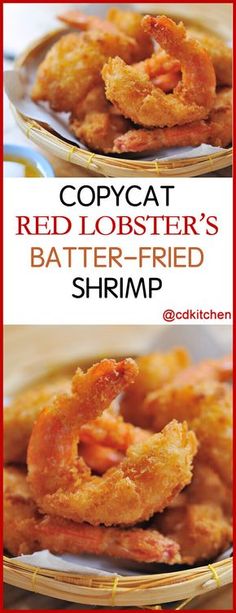 two pictures of fried shrimp in red lobster's batterer - fried shrimp on a plate