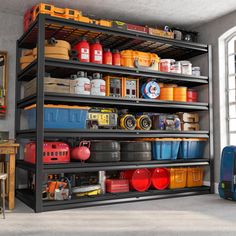 a room filled with lots of different types of containers and bins on top of shelves