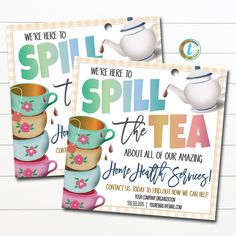 two tea party flyers are shown on a white background with pink flowers and green cups