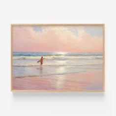 a painting of a person holding a surfboard in the ocean at sunset or sunrise