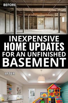 Inexpensive home updates for an unfinished basement before and after basement remodeling to turn basement into playroom family room kitchenette multipurpose room Inexpensive Basement Remodel, Basement Laundry Room Ideas Unfinished, Basement Airbnb, Unfinished Basement Playroom, Unfinished Basements, Room Kitchenette, Basement Remodeling Before And After, Basement Rooms