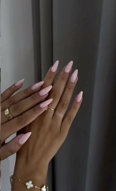 Holiday Basic Nails, Dusty Pink Almond Nails, Long Almond Pink Nails, Cute Pink Winter Nails, Girly Winter Nails, Soft Feminine Nails, Baby Pink Oval Nails, Baby Pink Sparkle Nails, Nail Inspo Long Almond