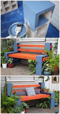 the bench is made out of pallets and painted blue, orange and white paint