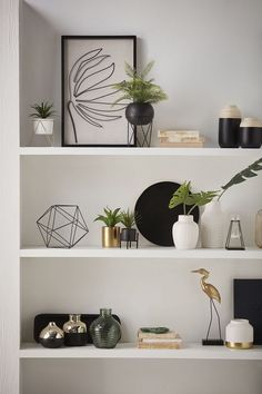 white shelves with plants and vases on them