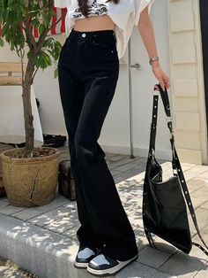 ⚡Buy 2024 Versatile Black High Waist Stretchy Lengthen Flare Jeans Black S under $38.00 in Jeans at AnotherChill.com Online. Style: Casual/Street/Vintage/Preppy/Hip Pop. Fabric Content: Cotton Blend. Fit Type: Slim Fit. Versatile Design: Elevate your fashion game with these black high waist flare jeans that effortlessly pair with any top. Enjoy a versatile addition to your wardrobe. High Waist: Channel a vintage vibe while enhancing your body proportions with the high waist design. Achieve a fla Flare Jeans Black, Black Flared Jeans, Jeans Online Store, Flare Jeans Outfit, Retro Elements, Black Flare Jeans, Outfits Con Jeans, Black Jeans Outfit, Vintage Preppy