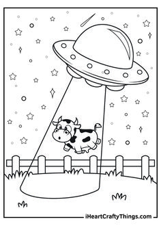 a cartoon cow flying through the sky with an alien ship in it's mouth