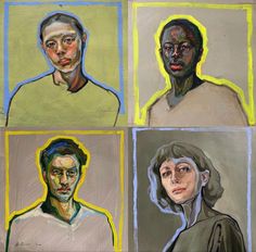 four different colored portraits of men and women in pastel pencils, each with an individual's face