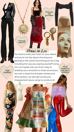 Leo Venus Dressing Style, Venus In Leo Aesthetic Outfit, Leo Moon Outfits, Dressing Like Your Venus Sign Leo, Venus Sign Leo Style, Leo Clothes Aesthetic