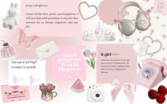 a collage of pink and white items with hearts, flowers, baby shoes, teddy bear, tiara