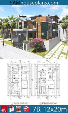 two story house plan with floor plans and measurements for each room in the same area