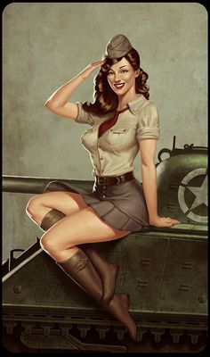 a painting of a woman in uniform sitting on top of an army tank with her legs crossed