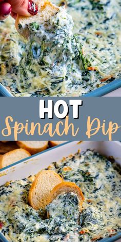 spinach dip in a casserole dish being lifted with a tortilla chip