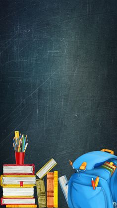 back to school supplies including books, pencils and pens on a blackboard background