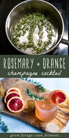 rosemary and orange champagne cocktail in a silver bowl next to a cutting board with grapefruit