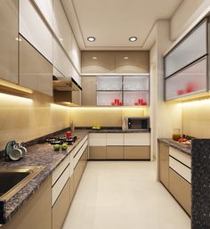 a kitchen filled with lots of counter top space next to a stove top oven and microwave