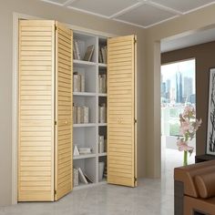 an open bookcase with shutters in a living room