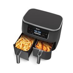 an air fryer with two trays filled with food