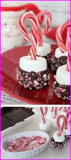 some candy canes and marshmallows are on a red plate next to other desserts