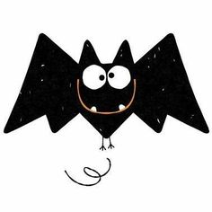 a black bat with big eyes and an orange smile