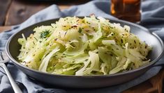 a bowl filled with coleslaw on top of a wooden table next to a fork