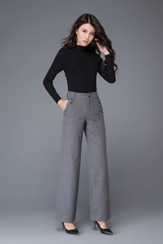 High waisted pants, maxi pants, grey wool pants, wide pants, suit pants, womens trousers, formal pan Formal Pants Women, Maxi Pants, Office Pants, Formal Pants, Eyes Model, Womens Pants, Business Outfit, Pants Womens, Wool Pants