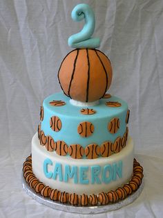 a two tiered cake with a basketball on top