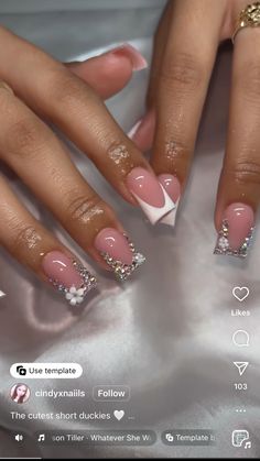 Birthday Nails Short French Tip, Short Bling French Tip Nails, Nail Ideas Short French Tips, White French Tip With Gems, French Tip With Bling, Bling Frenchies, Medium French Tip Acrylic Nails, Bling French Tip Nails, Simple French Tip