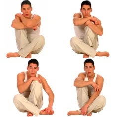 four different poses of a man sitting on the ground with his arms crossed and legs crossed