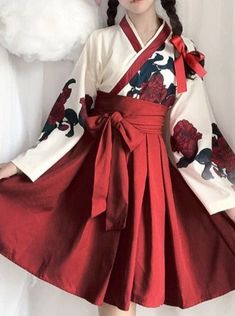 ❤Japanese Flower Print Kimono Shirt + Ribbon Hakama-Style Skirt❤ Kimono Robes Pattern, L Cosplay, Moda China, Kimono Floral, Kimono Shirt, Floral Print Kimono, Japanese Dress, Party Dress Long Sleeve