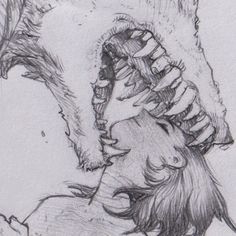 a drawing of a man with his head in the hands of a dog that is biting him