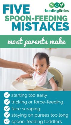 the flyer for five spoon feeding misstakes is shown with an image of a baby in