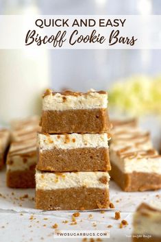 three pieces of cake sitting on top of each other with the words quick and easy biscuit cookie bars