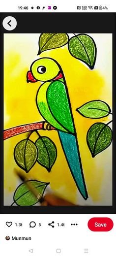 a drawing of a green bird sitting on top of a tree branch next to leaves