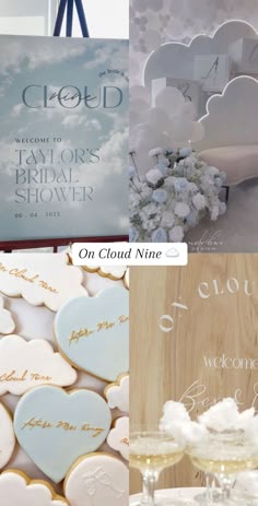 wedding decorations and cookies on display for guests to sign the guest's names in