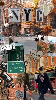 a collage of photos with various street signs and people walking on the sidewalk in new york city