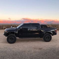 a black truck parked on top of a dirt field next to a cornfield at sunset