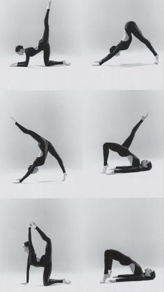 a woman is doing yoga poses in different positions, including the handstand and legs