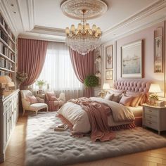 a bedroom decorated in pink and white with a chandelier hanging from the ceiling