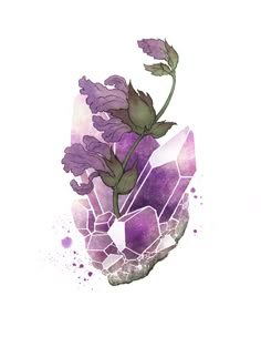 a purple flower on top of a rock with watercolor splashs and ink splotches