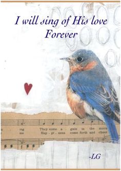 a blue bird sitting on top of a piece of paper with music notes in the background