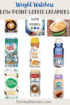 different types of coffee creamers with text overlay that says weight watchers low point coffee creamers