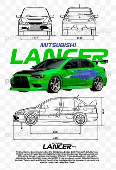 an image of a green car with the words lancer on it, and another drawing of