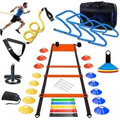 an assortment of sports equipment including a ladder, rope, and other items to play with