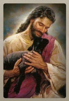 a painting of jesus holding a black cat