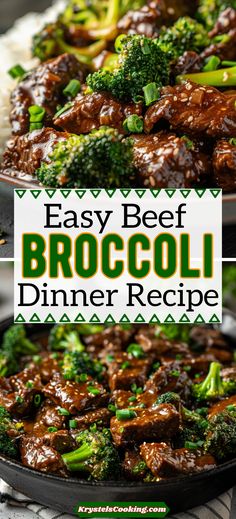 beef and broccoli dinner recipe in a skillet with the title overlay