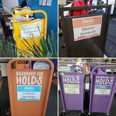 four different types of recycling bins with labels on them