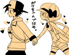 two anime characters are holding hands with each other and one is wearing a baseball cap