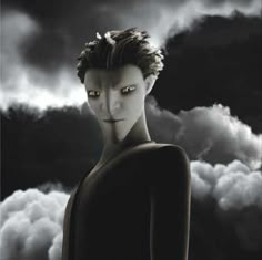 an animated character with yellow eyes standing in front of some clouds and dark skys