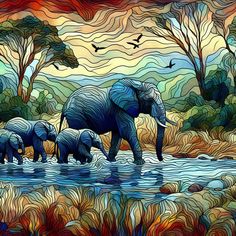 three elephants are walking in the water with birds flying above them and trees behind them